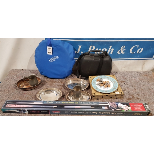 430 - Silver plate items, snooker cue, commemorative plate and other items