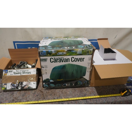 29 - Breathable caravan cover, towing mirrors, box of jockey wheel handles and box of plastic housings +V... 