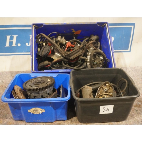 136 - 3 Boxes of assorted Hinckley Triumph parts including dynamos, clutch plates etc