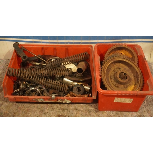 149 - 2 Boxes of British motorcycle spares including levers, springs, sprockets. Mainly BSA