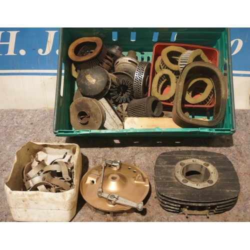 236 - Box of British air filters, Montesa barrel and twin leading shoe brake plate