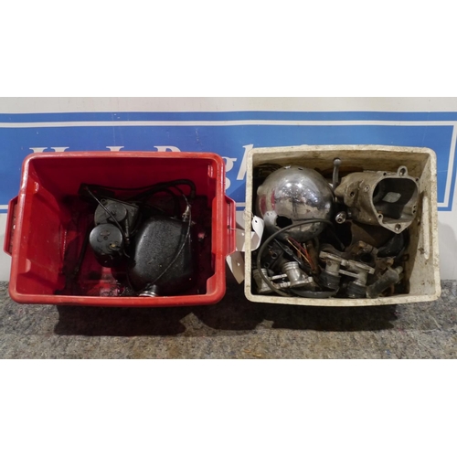 367 - Velocette oil tank and dyno/magneto and box of British motorcycle parts including chrome headlight s... 