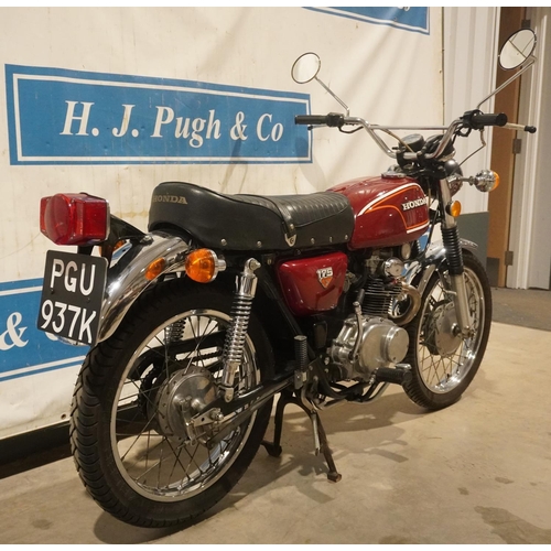 691 - Honda 175 motorcycle. 1972. 7329miles. Frame no. 7013923. Runs. MOT til March 2022. Reg. PGU 937K. V... 