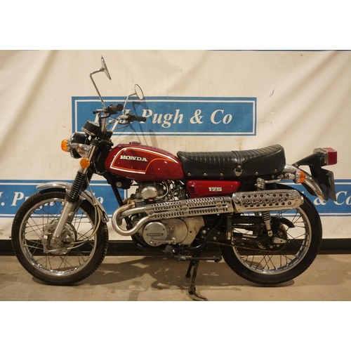 691 - Honda 175 motorcycle. 1972. 7329miles. Frame no. 7013923. Runs. MOT til March 2022. Reg. PGU 937K. V... 