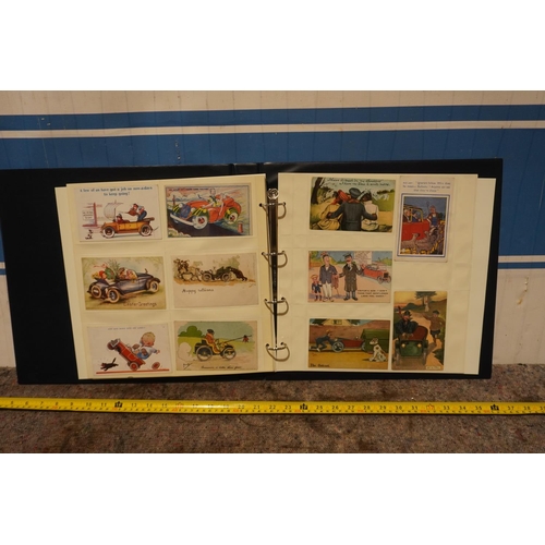 201 - Approx 110 comic book postcards in folder depicting vintage vehicles