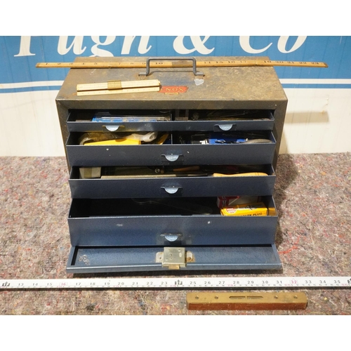 211 - Metal tool chest and contents including Rabone spirit level and folding measure