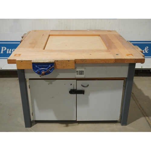 299 - 4 Sided work bench with 4 Record vices and cupboard under 4x4ftx31