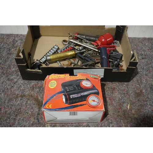 350 - Car air compressor, spanners, sockets etc