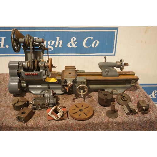 382 - Myford metal working lathe with 3 jaw chuck and other accessories, no motor