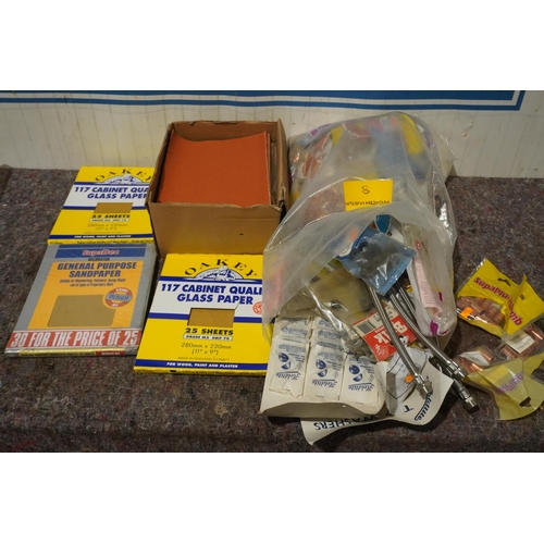 388 - Large quantity of assorted sandpaper and bag of mixed plumbing fittings