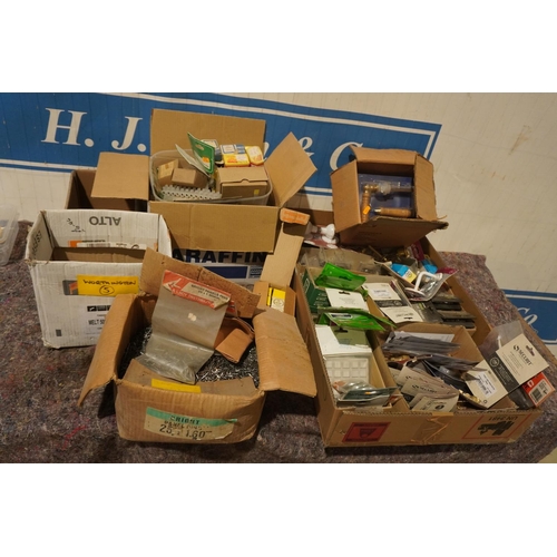 389 - Box of assorted door furniture and fixings, box of screws and 3 boxes of nails