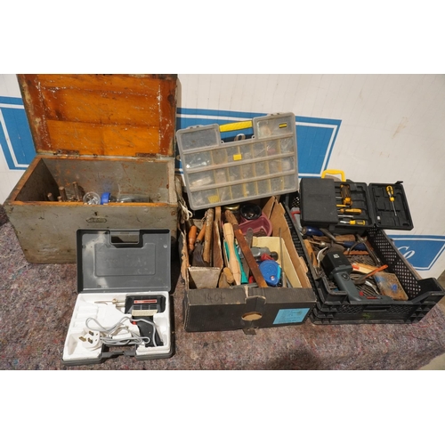 393 - Wooden toolbox and contents, assorted hand tools, fixings and soldering gun