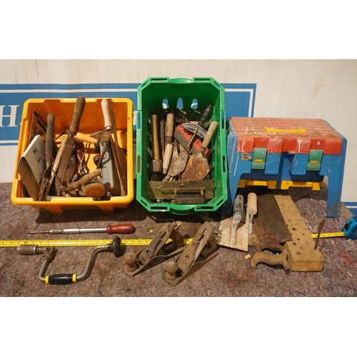 411 - 2 Boxes of woodworking and bricklaying tools