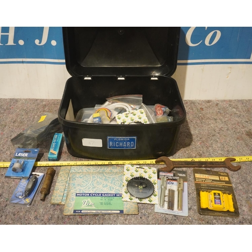 686 - Box of assorted workshop items including Superslim spanner, brass grease gun etc