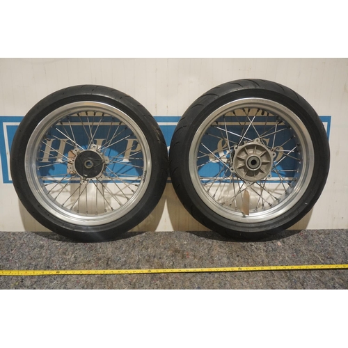 153 - Pair of spoked custom/Supermoto wheels with cush drive, Husqvarna TE610 hubs