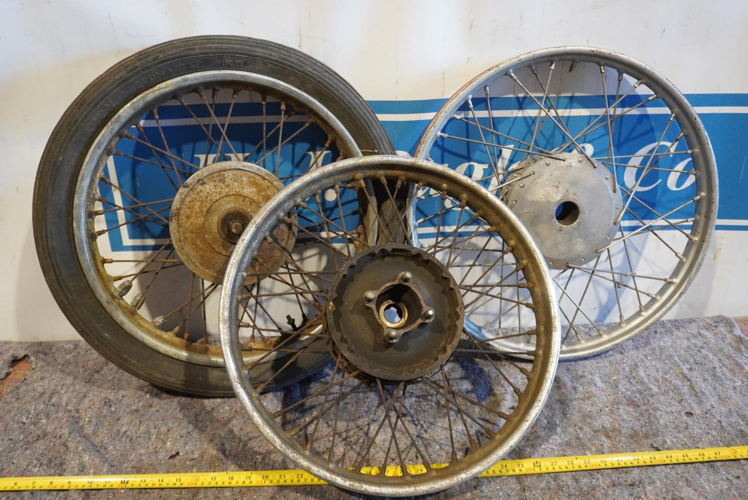 2 BSA wheels and 1 Greeves Anglian wheel
