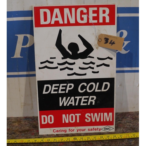Perspex sign- Danger deep cold water 19 1/2 x 12