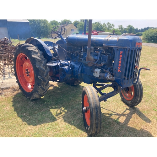 148 - Fordson E27N tractor, high top gear, early type with no hydraulics, running when barn stored