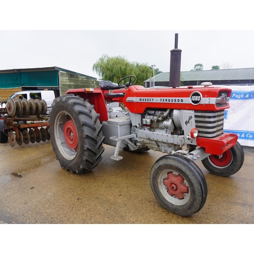 100 - Massey Ferguson 1080 tractor. Working order, used for ploughing and road runs, swinging drawbar, 4 s... 