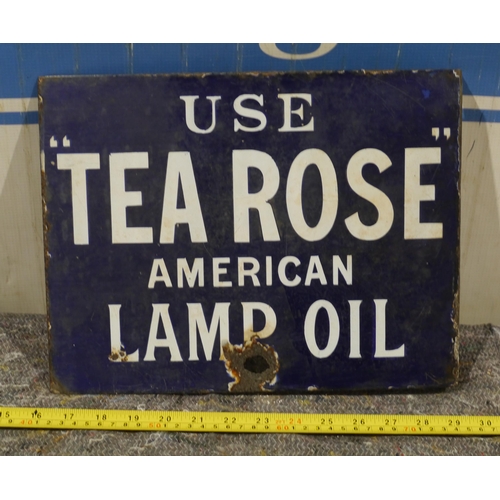 64 - Double sided post mounted enamel sign - Tea Rose american lamp oil 13 x 10