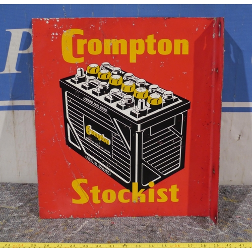 293 - Post mounted double sided tin sign - Crompton battery stockist 14 x 16