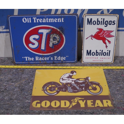 341 - 3 tin signs - Mobiloil, Goodyear and STP