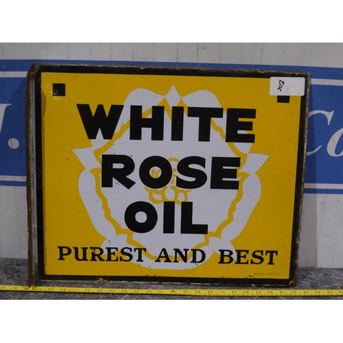 365 - Post mounted double sided enamel sign - White Rose oil 22 x 18