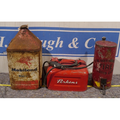 380 - Mobiland 25 l oil can, Perkins petrol can and old fire blanket tin