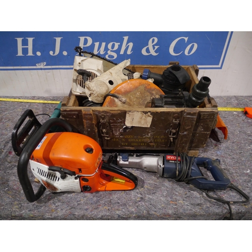 447 - Box of chainsaw parts and other machinery