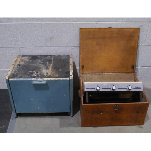 455 - Old camping stove in wooden box and industrial metal storage cabinet