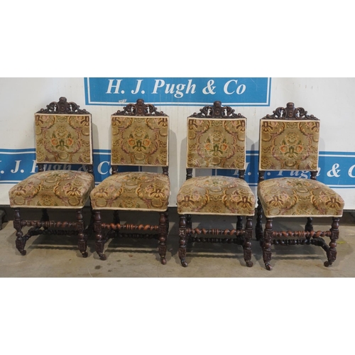 8 - 4 Heavily carved oak upholstered chairs