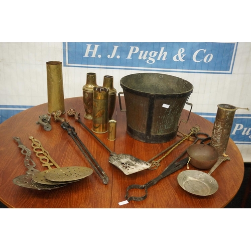 609 - Brass fireside tools and other brass items