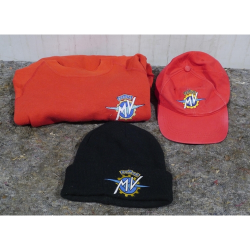 527 - MV Augusta logoed clothing to include sweat shirt, baseball cap and woollen hat.