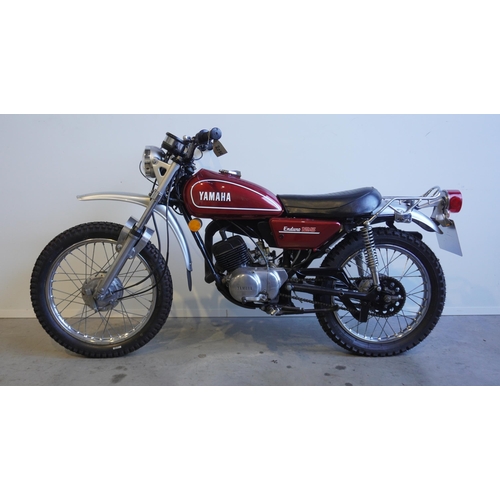 724 - Yamaha DT125 motorcycle. 123cc. 1974. Electric start, dream machine paintwork. Reg, CTC 549M. V5 and... 