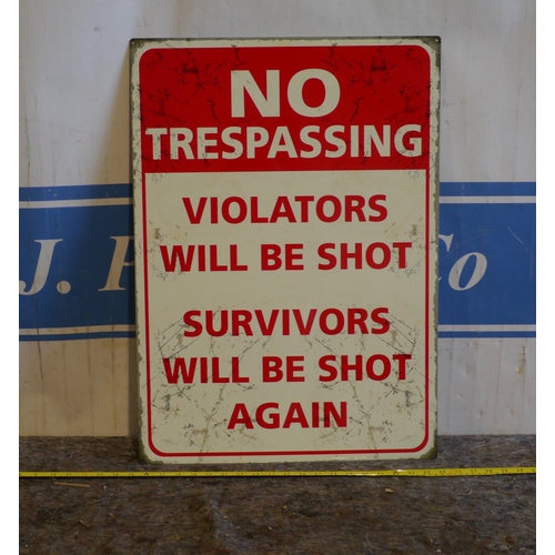 37 - Tin plate sign - No trespassing 18x29