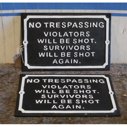56 - 2- Cast iron No Trespassing signs 12.5x8.5
