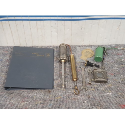598A - Land Rover folder, brass car badge and assorted oilers and King-Dick spanners