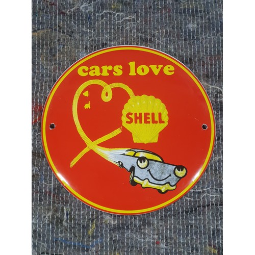 587A - Modern enamel sign- Cars love Shell 6” diameter