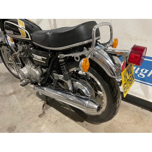 784 - Yamaha XS650 Twin motorcycle. 1975. Recently restored with many new parts including Koni shocks. Imp... 