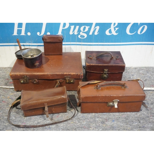 16 - Assorted leather cases to include Army and Navy mess kit