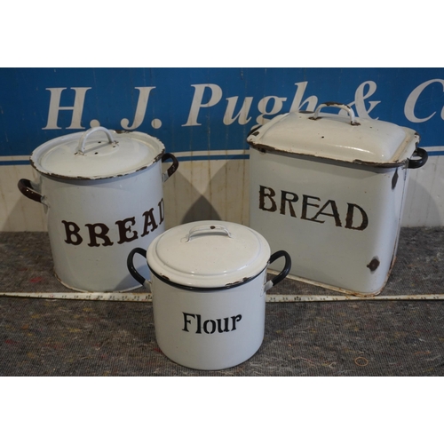 17 - 2- Enamel bread bins and one enamel flour bin
