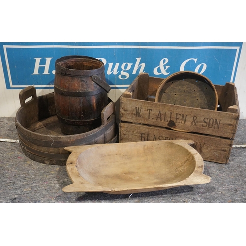 18 - Old wooden trug, wooden barrel, beer crate etc