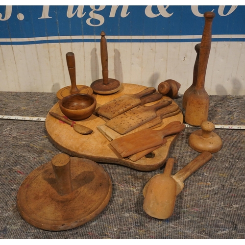 53 - Large wooden board and assorted butter making tools