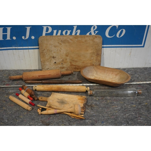 58 - Wooden chopping board, rolling pins etc