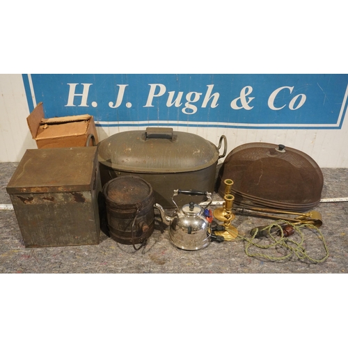 75 - Fish coddler, small oak barrel, brass fire tools and other items