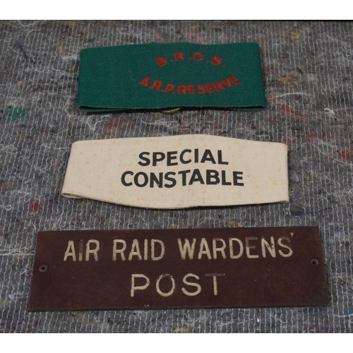 116 - WWII Special constable armband, British Red Cross Society ARP reserve armband and Air Raid Wardens p... 