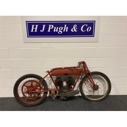 777 - Early 20th Century flat tank motorcycle with 1000cc V twin engine. No docs