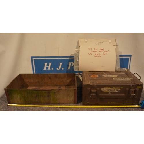 416 - Wooden Massey Ferguson accessory box, AEC 6 cylinder gasket set and metal ammunition crate