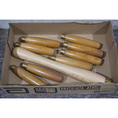 493 - Box of 8 boxwood large chisel handles and one long woodturning handle