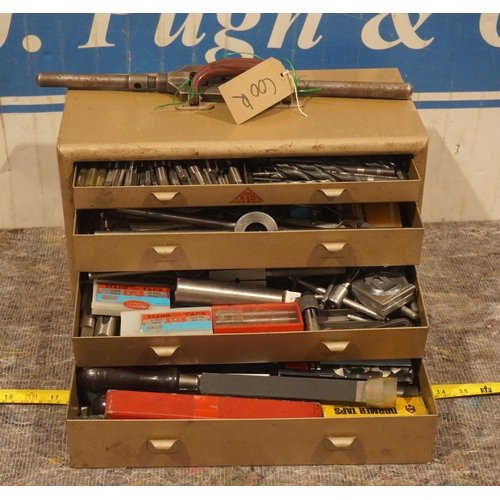 523 - Metal toolbox and contents to include taps and dies, drill bits and reamers